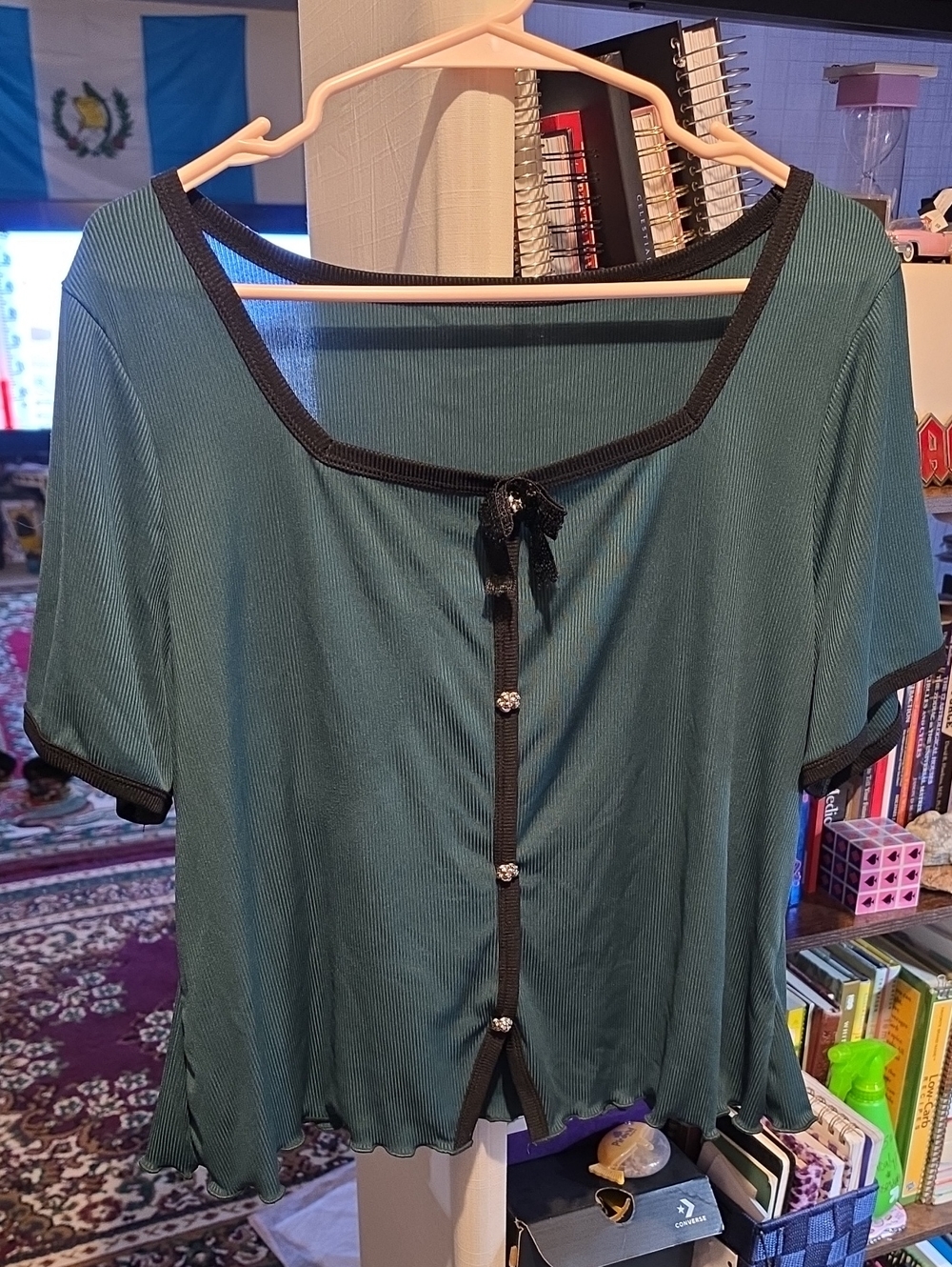 SHEIN Women’s Teal Ribbed Square-Neck Top with Black Trim